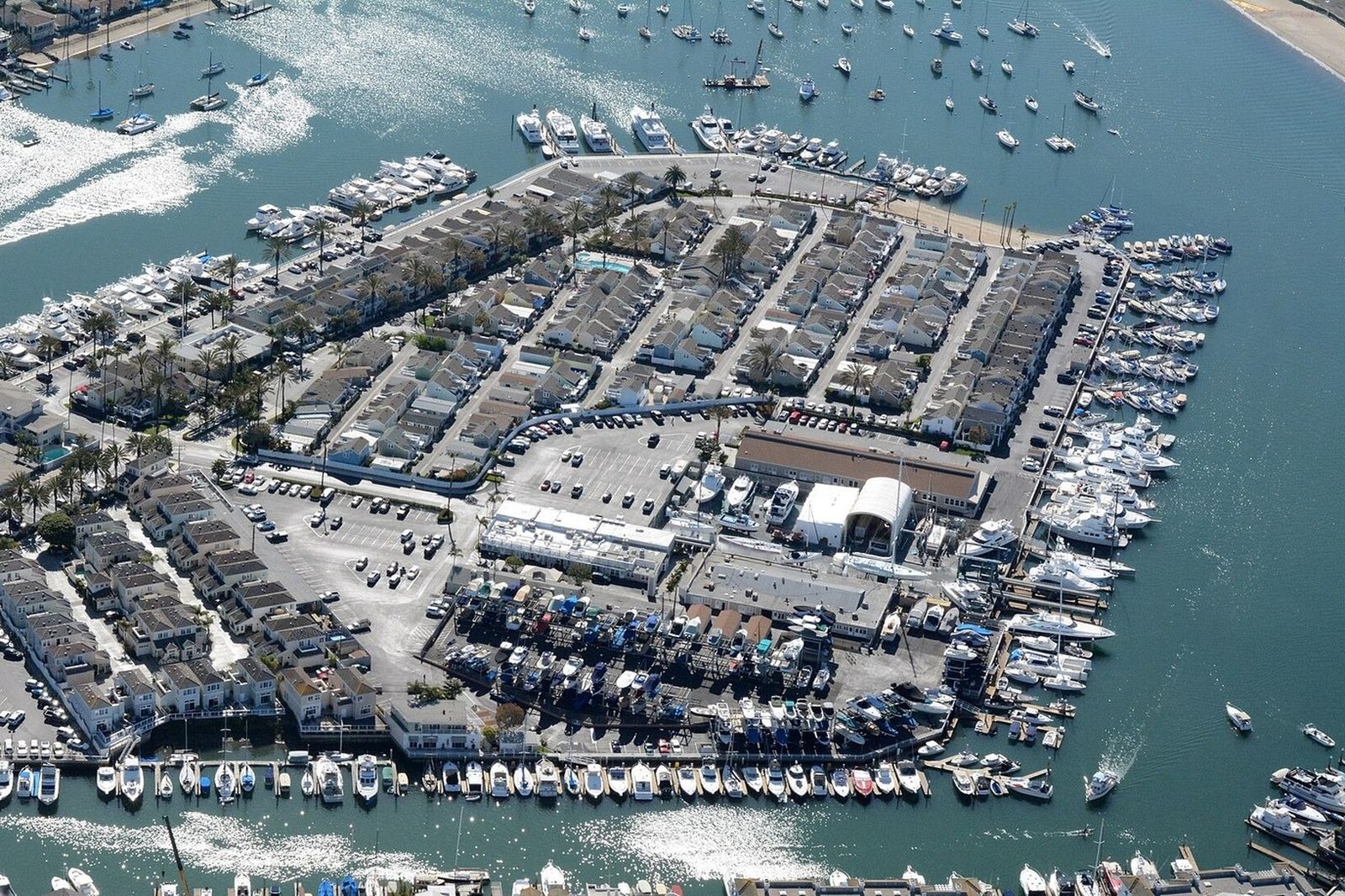Aerial view of the Lido Peninsula marinas along the Rhine Channel